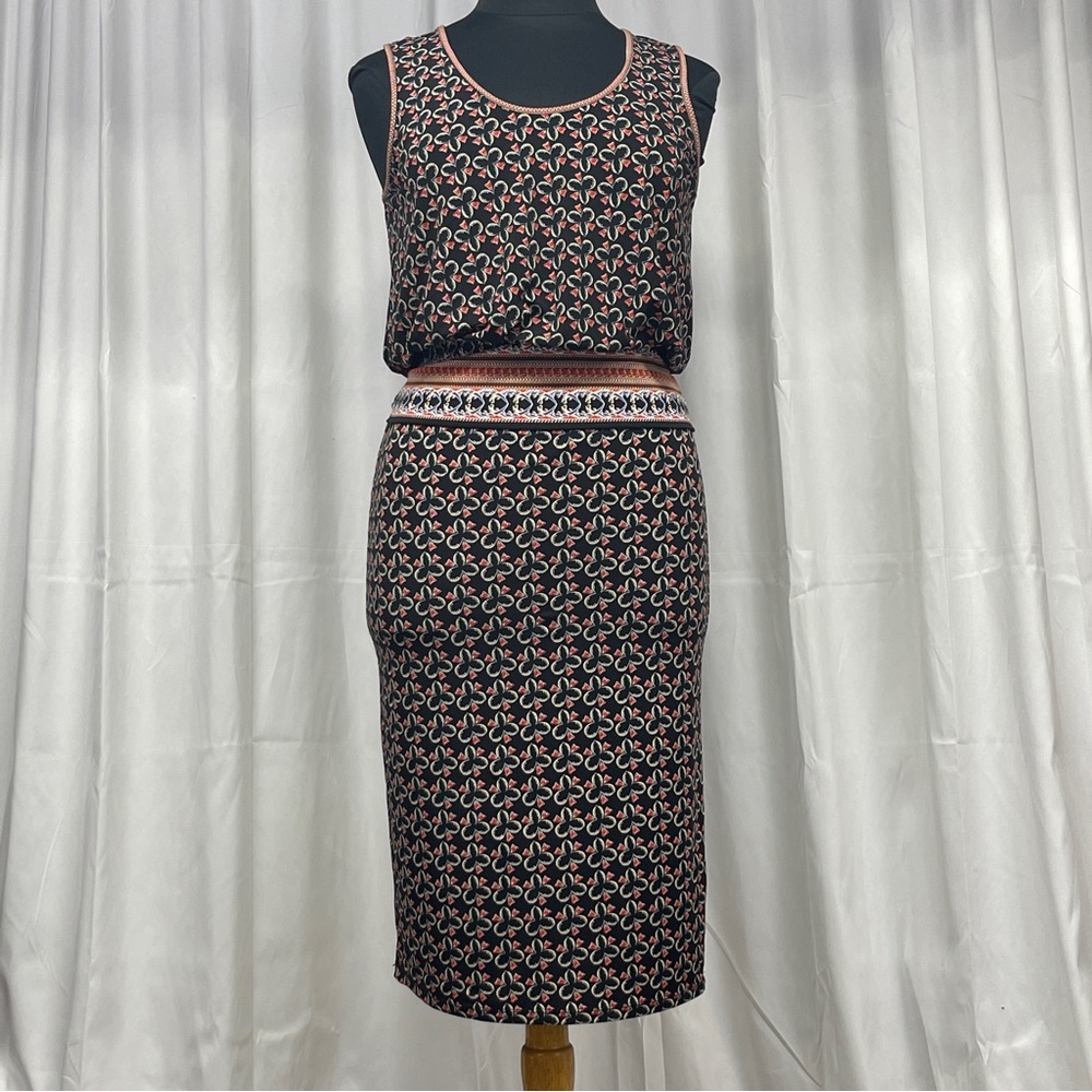 Max Studio L Midi Print Black Stretch Sleeveless Floral Print Dress Waist Band
